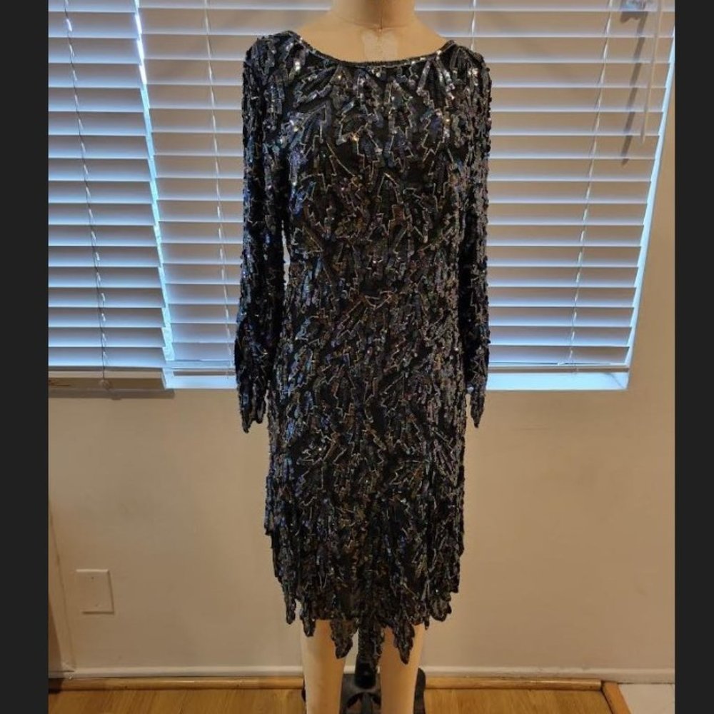 80s Silk Sequin dress- Iridescent purple, blue, teal sequins- SZ 6/M- Vintage